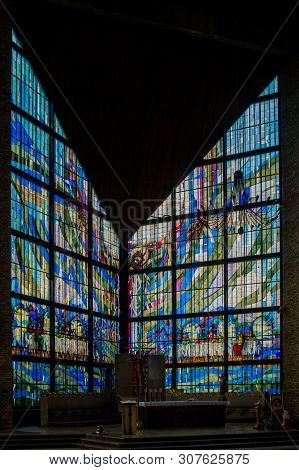 Rypin, Poland - 2018.04.26: Glass Painting Inside The Church Of The Sacred Heart Of Jesus, Rypin, Po
