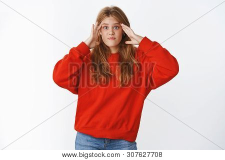 Girl Shocked Cannot Understant What Happening Standing Confused And Perplexed With Mind Blowing Out 