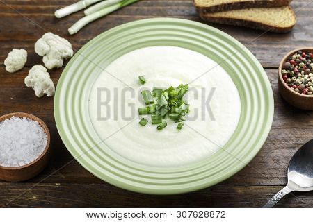 French Du Barry Soup Cauliflower Close-up On The Table. Horizontal View From Above