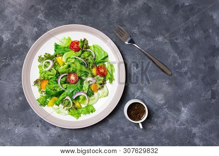 Vegetable Salad Consists Of Red Oak, Green Oak, Tomato, Onion, Lettuce, Kep Kus Berry. Served With S