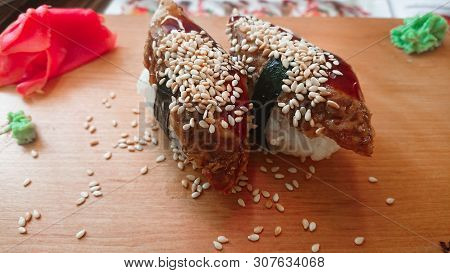 Two Nigiris With Aal And Sesame - Japanese Traditional Food Anago (grill Eel). Japanese Sushi Concep