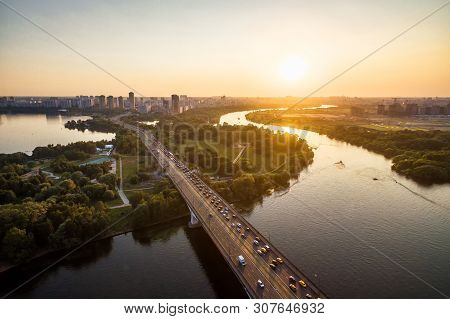 Panorama Of Moscow At Sunset, Russia. Aerial Scenic View Of Moskva River In Moscow Northwest. Beauti
