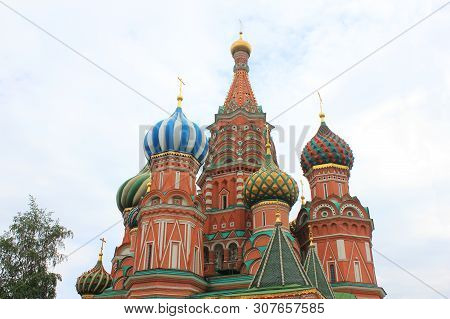 Orthodox Cathedral Architecture On Red Square. Christian Decorative Church Facade With Onion Domes I
