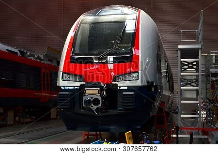 Inside Of The Rail Car Assembly Plant. Industrial Workshop For The Production Of High Speed Trains. 