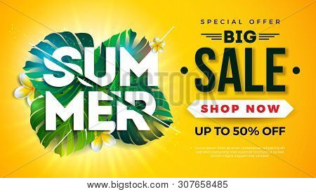 Summer Sale Design With Exotic Palm Leaves And Typography Letter On Sun Yellow Background. Tropical 