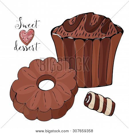 Vector Isolated Cake Or Cupcake, Dessert Coloring