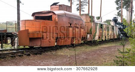 Parola, Finland - May 2, 2019: Tank Museum In The City Of Parola. Armored Train. Guns In Combat Read