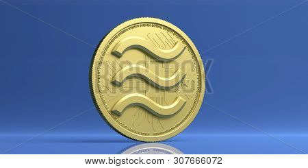 Libra Golden Virtual Currency, Isolated Against Blue Background. 3D Illustration