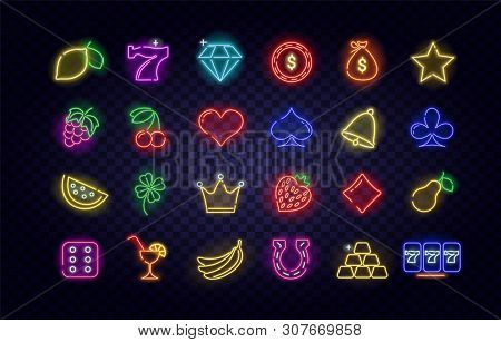 Realistic Neon Game Icons For Casino Isolated. Icon From Slot Machine. Slot Sign. Casino, Gambling.