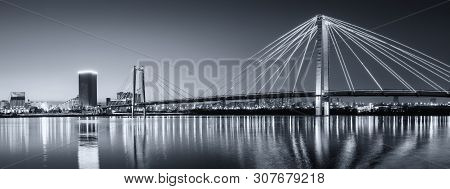 Panorama Night City Of Krasnoyarsk Bridge In Lights