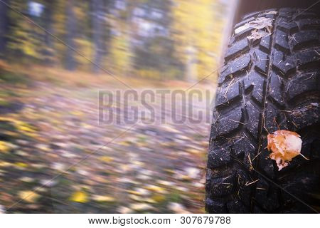 Mud Tires, Blurred Autumn Background, Travel. Close Up, Copy Space