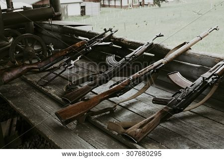Military Training. The Weapon Is At The Ready. Machine Guns, Rifles, And Machine Guns. All Different