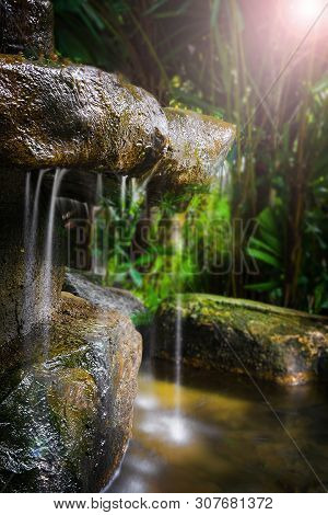 A Small Waterfall In The Forest And Jungle, Hidden Among The Plants, Darkness And Little Sun. Shooti
