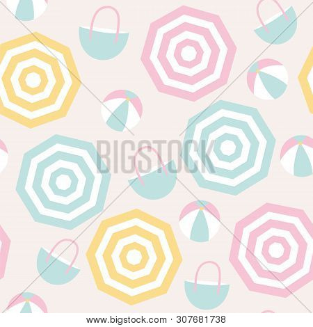 Seamless Pattern Of Beach Umbrellas, Beach Balls, And Beach Bags