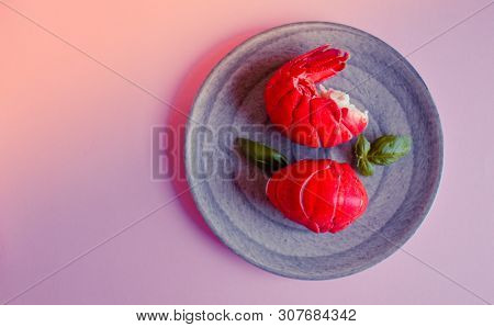 Cooked Lobster Tails And Basil On Plate, Healthy Food.