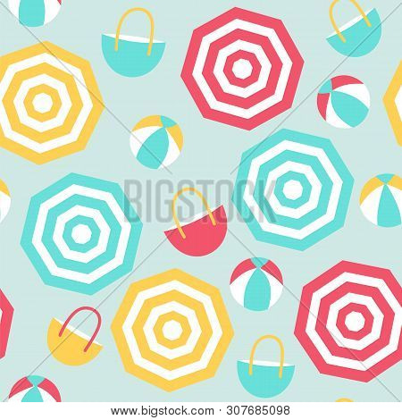 Seamless Pattern Of Beach Umbrellas, Beach Balls, And Beach Bags
