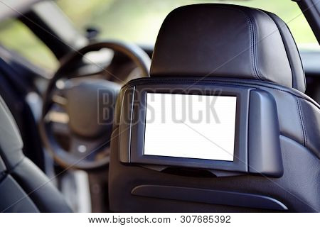 Car Inside Headrest Screen Mock Up. Interior Of Prestige Luxury Modern Car. One White Display For Ba