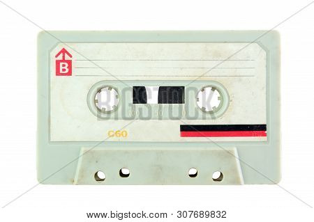 Close Up Of Vintage Audio Cassette, Isolated On White Background