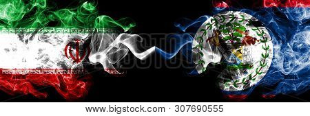 Iran Vs Belize, Belizean Smoky Mystic States Flags Placed Side By Side. Thick Colored Silky Smokes F