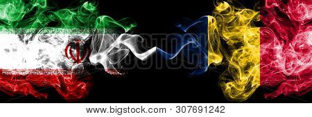Iran Vs Chad, Chadian Smoky Mystic States Flags Placed Side By Side. Thick Colored Silky Smokes Flag