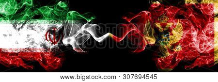 Iran Vs Montenegro, Montenegrin Smoky Mystic States Flags Placed Side By Side. Thick Colored Silky S