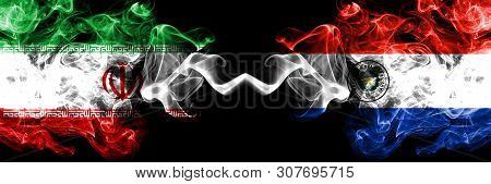 Iran Vs Paraguay, Paraguayan Smoky Mystic States Flags Placed Side By Side. Thick Colored Silky Smok