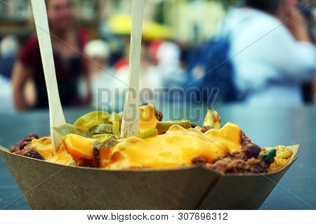 Poutine With French Fries And Chili Con Carne, Street Food, Dish, Food