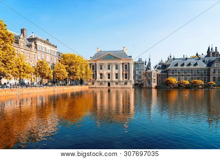 City Center Of Den Haag - Dutch Pairlament, Mauritshuis And With Reflections In Pond, Netherlands At