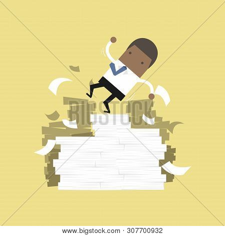 African Businessman Falling Of Paper Mountain Cartoon.