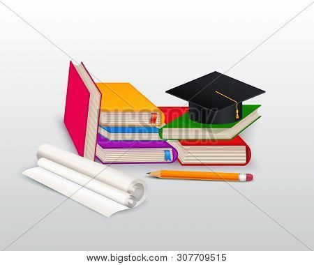 Stack Or Pile Of Colorful Books With Graduation Cap, Paper Roll, Pencil Isolated On White Background