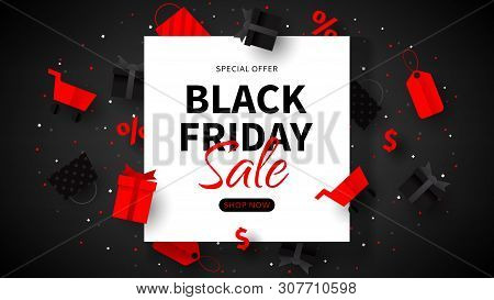 Dark Promo Banner For Black Friday Sale. Web Banner For Seasonal Discount Offer. Realistic 3d Paper 