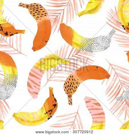 Fun Bananas And Palm Leaves Print In 80S 90S Pop Art Style.