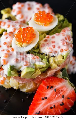 Round Salad Made Of Red Fish Potato And Avocado