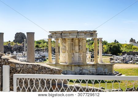 Antique Ruins In The Park. Amphitheater With Columns.