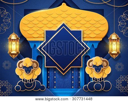Paper Mosque And Sheeps On Clouds, Lanterns For Eid Al-adha, Islam Holiday Celebration. Greater Eid 
