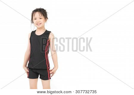 Pretty Asian Girl In Sportswear Is Standing And Posing, Smile To Camera, Studio Shot On White Backgr
