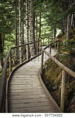 Nice Wooden Path Of Aigüestortes I Estany De Sant Maurici National Park In A Spanish Pyrenees Mounta