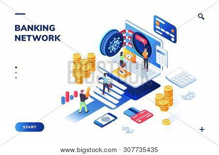 Bank Vault With People Queue. Isometric View On Financial Building With Guard. Landing Page For Bank