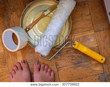 Home Interior Room Repair Concept - Old Gray Concrete Wall And Dirty Brown Floor In Repairing Room W