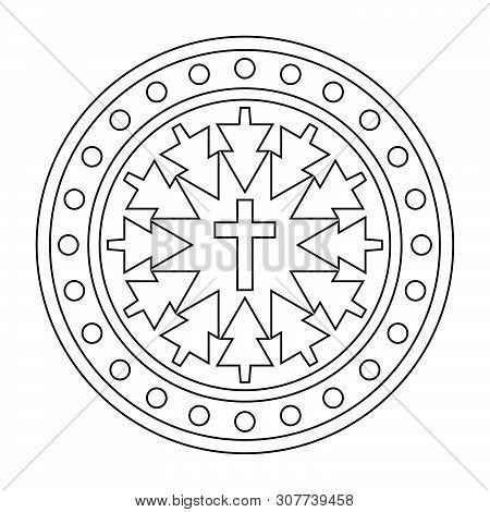 Christian Mandala Vector. Christmas Coloring Line Design In Black And White Color.