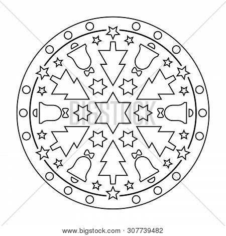 Christian Mandala Vector. Christmas Coloring Line Design In Black And White Color.
