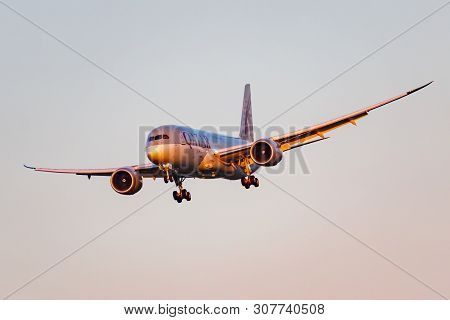 Moscow, Russia - June 20, 2019: Aircraft Boeing 787-8 Dreamliner A7-bcu Of Qatar Airways Landing At 