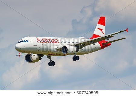 Moscow, Russia - June 21, 2019: Aircraft Airbus A320-214 Oe-lbp Of Austrian Airlines Landing At Domo