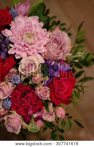 Bouquet Of Flowers On A Leg In The Interior Of The Restaurant For A Celebration Shop Floristry Or We