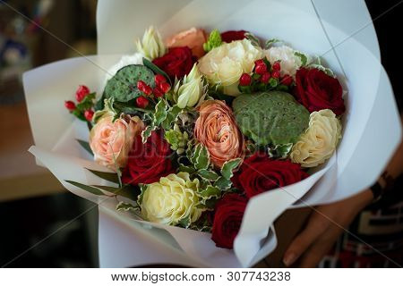 Bouquet Of Flowers On A Leg In The Interior Of The Restaurant For A Celebration Shop Floristry Or We