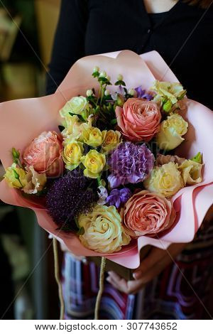 Bouquet Of Flowers On A Leg In The Interior Of The Restaurant For A Celebration Shop Floristry Or We