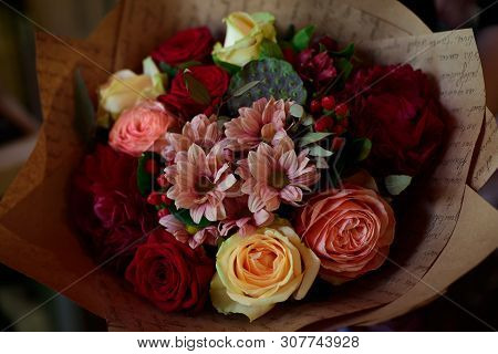 Bouquet Of Flowers On A Leg In The Interior Of The Restaurant For A Celebration Shop Floristry Or We