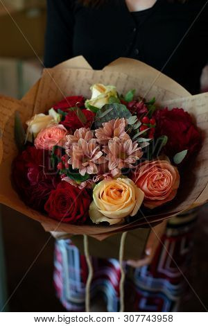 Bouquet Of Flowers On A Leg In The Interior Of The Restaurant For A Celebration Shop Floristry Or We