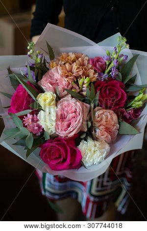 Bouquet Of Flowers On A Leg In The Interior Of The Restaurant For A Celebration Shop Floristry Or We