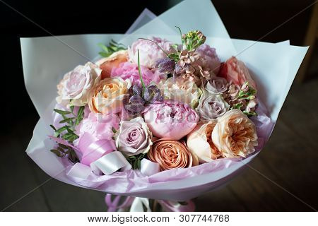 Bouquet Of Flowers On A Leg In The Interior Of The Restaurant For A Celebration Shop Floristry Or We